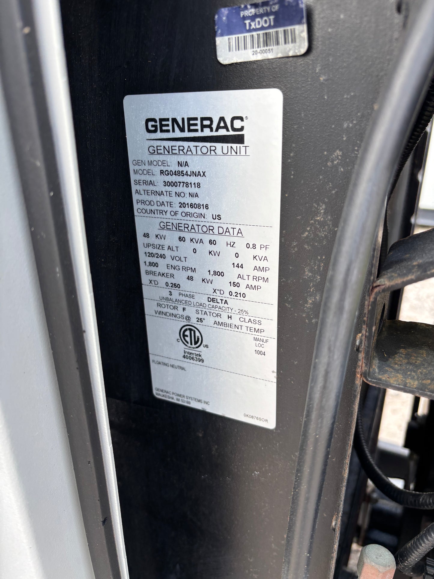 Generac 48kw 60kva Natural Gas Generator 39 hours