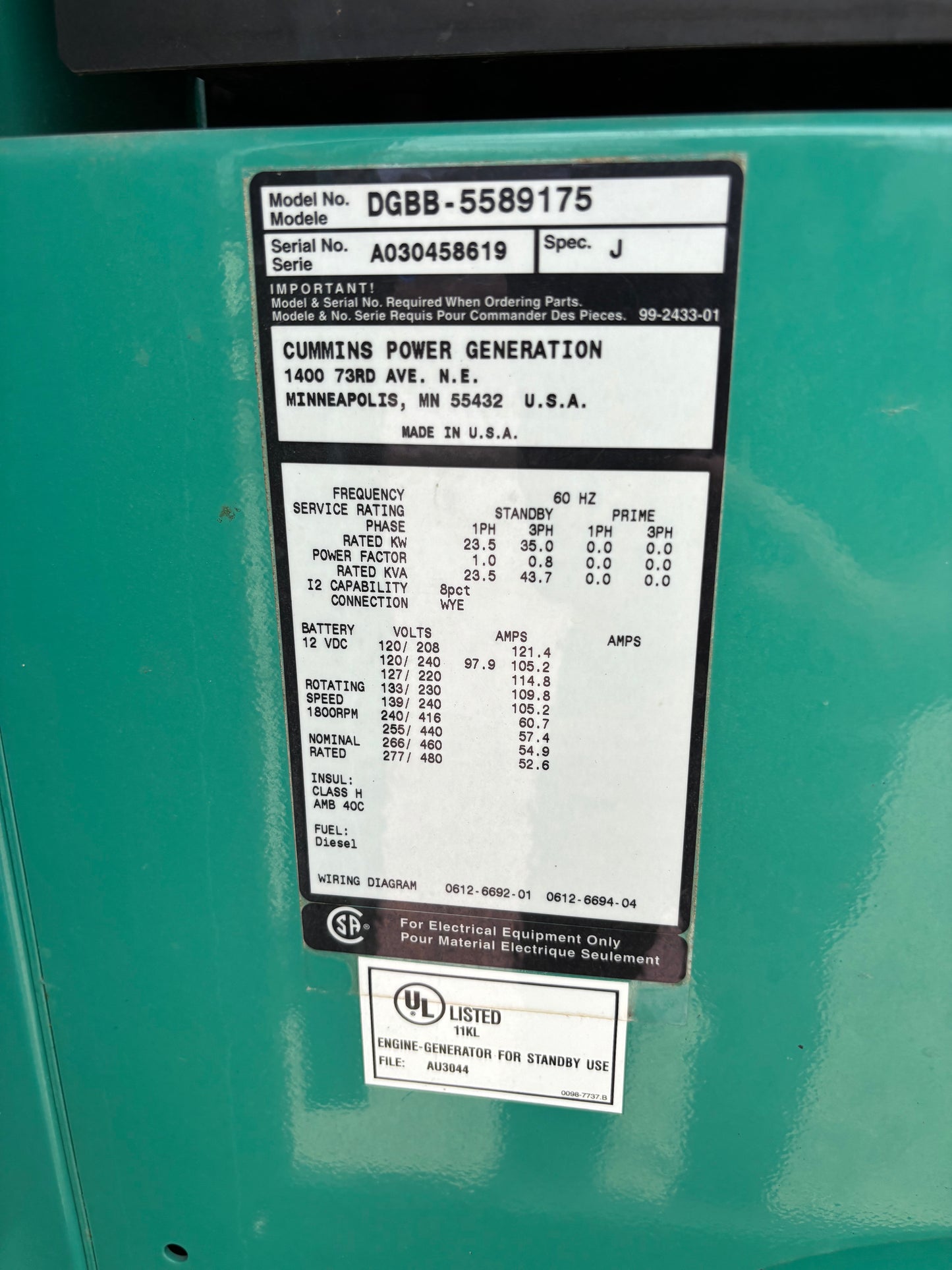 Cummins 35kw Diesel Generator 371 Hours
