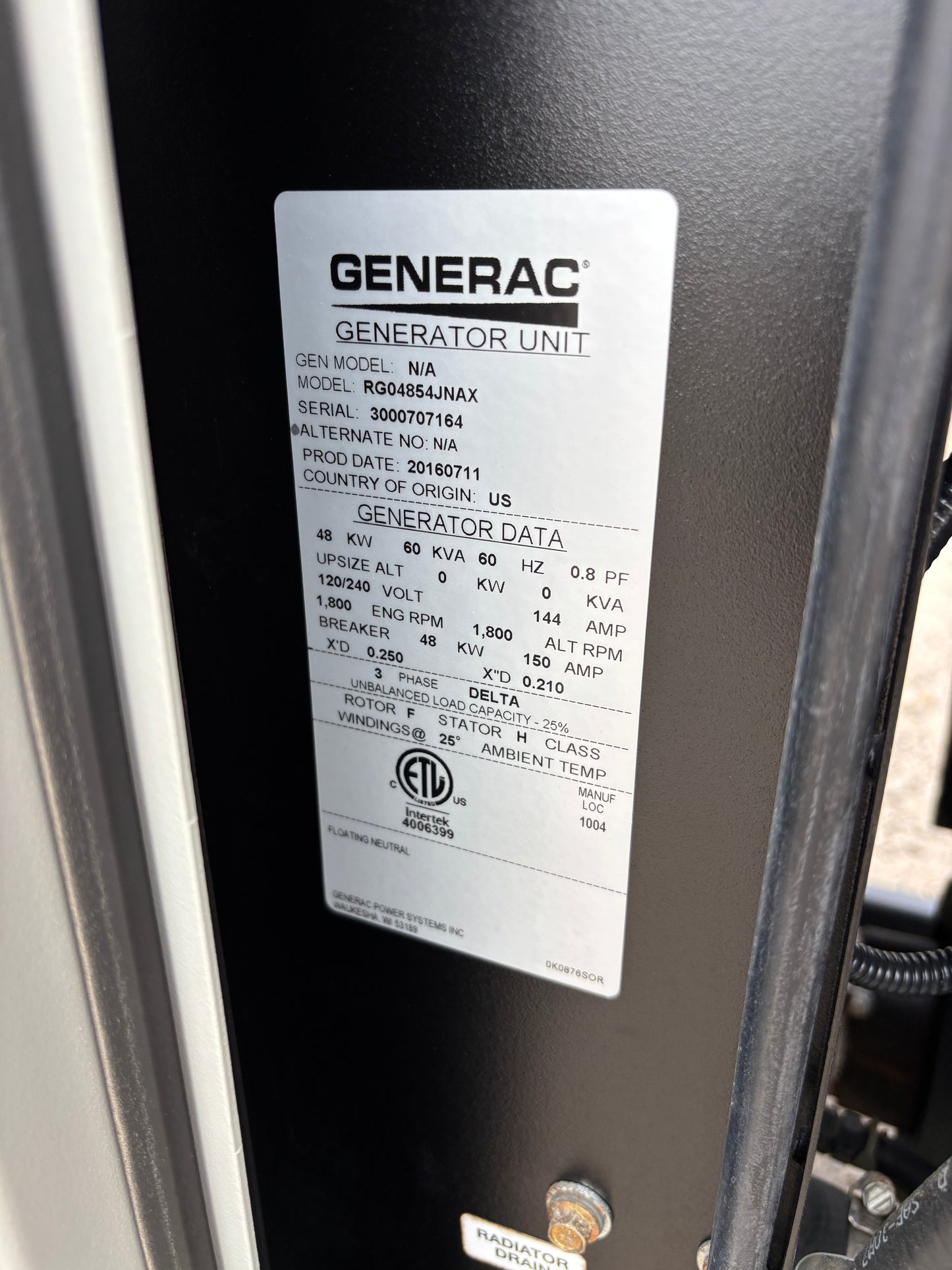 Generac 48kw 60kva Natural Gas Generator 263 hours