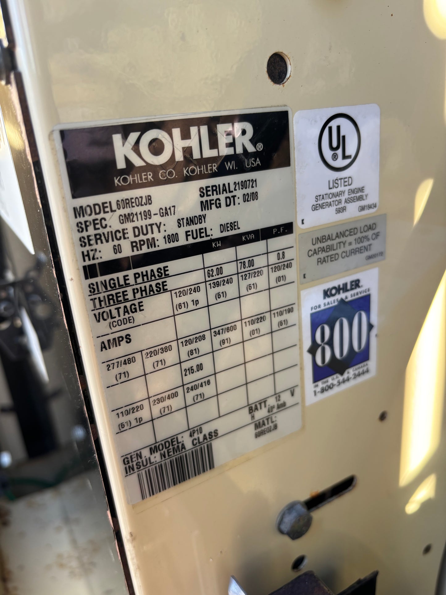 Kohler 62kw Diesel Generator 84 Hours