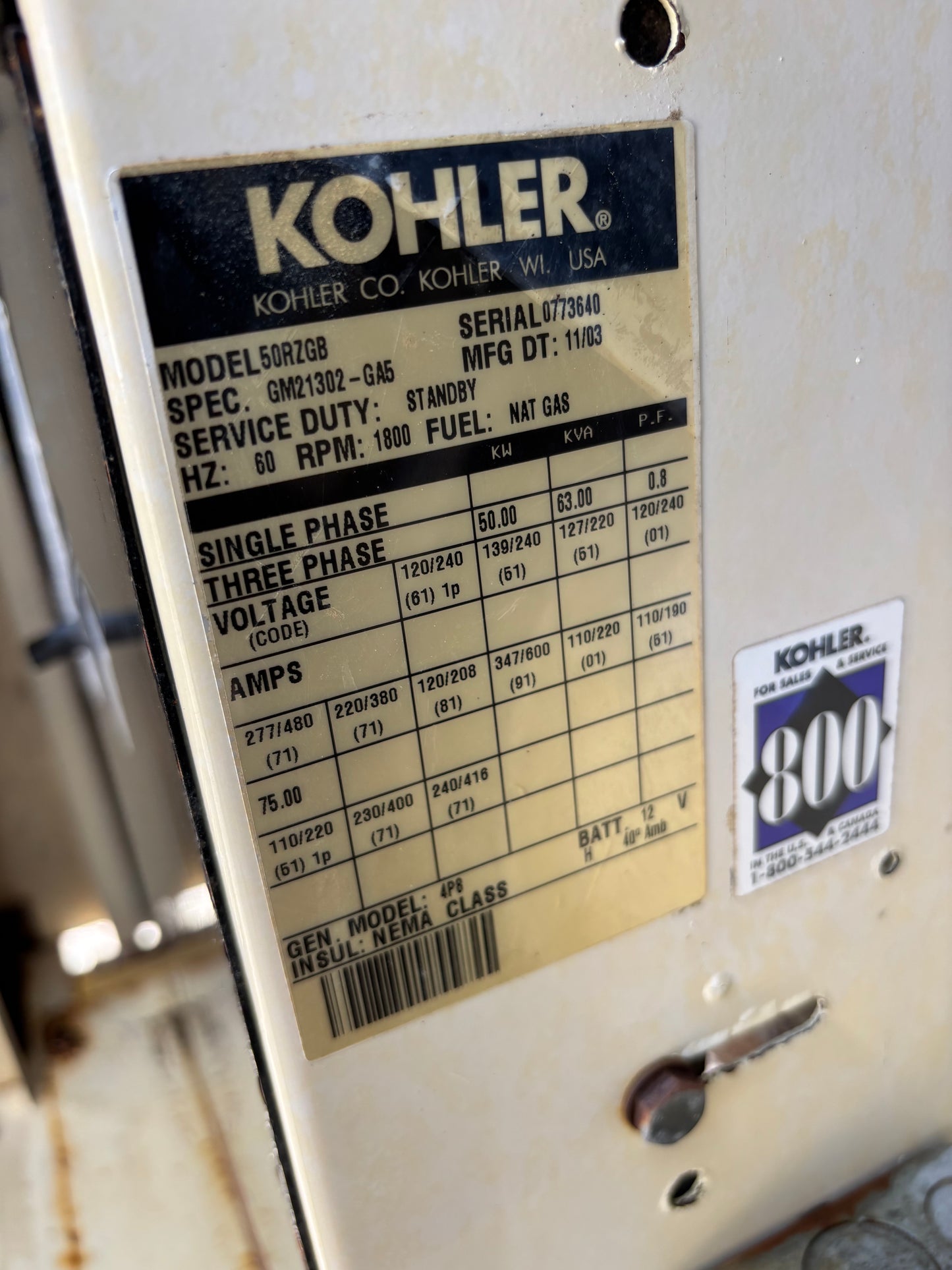 Kohler 50kw 63KVA Natural Gas Generator