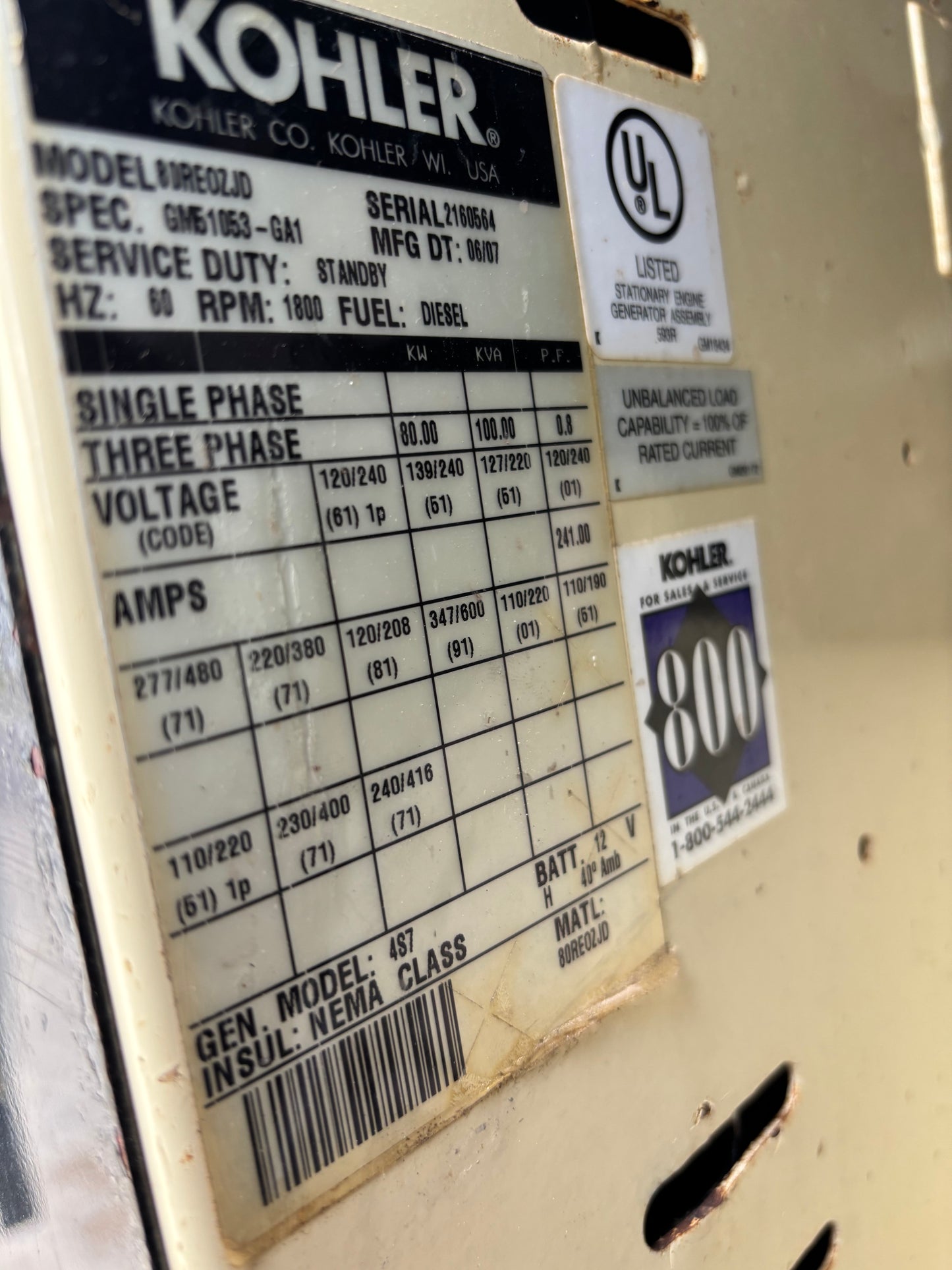 Kohler 80kw 100Kva Diesel Generator 734 Hours