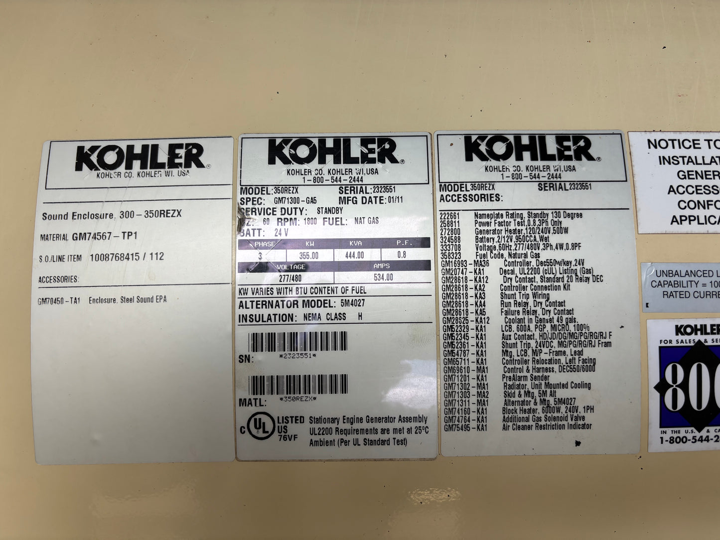 Kohler 355kw Natural Gas Generator 285 Hours