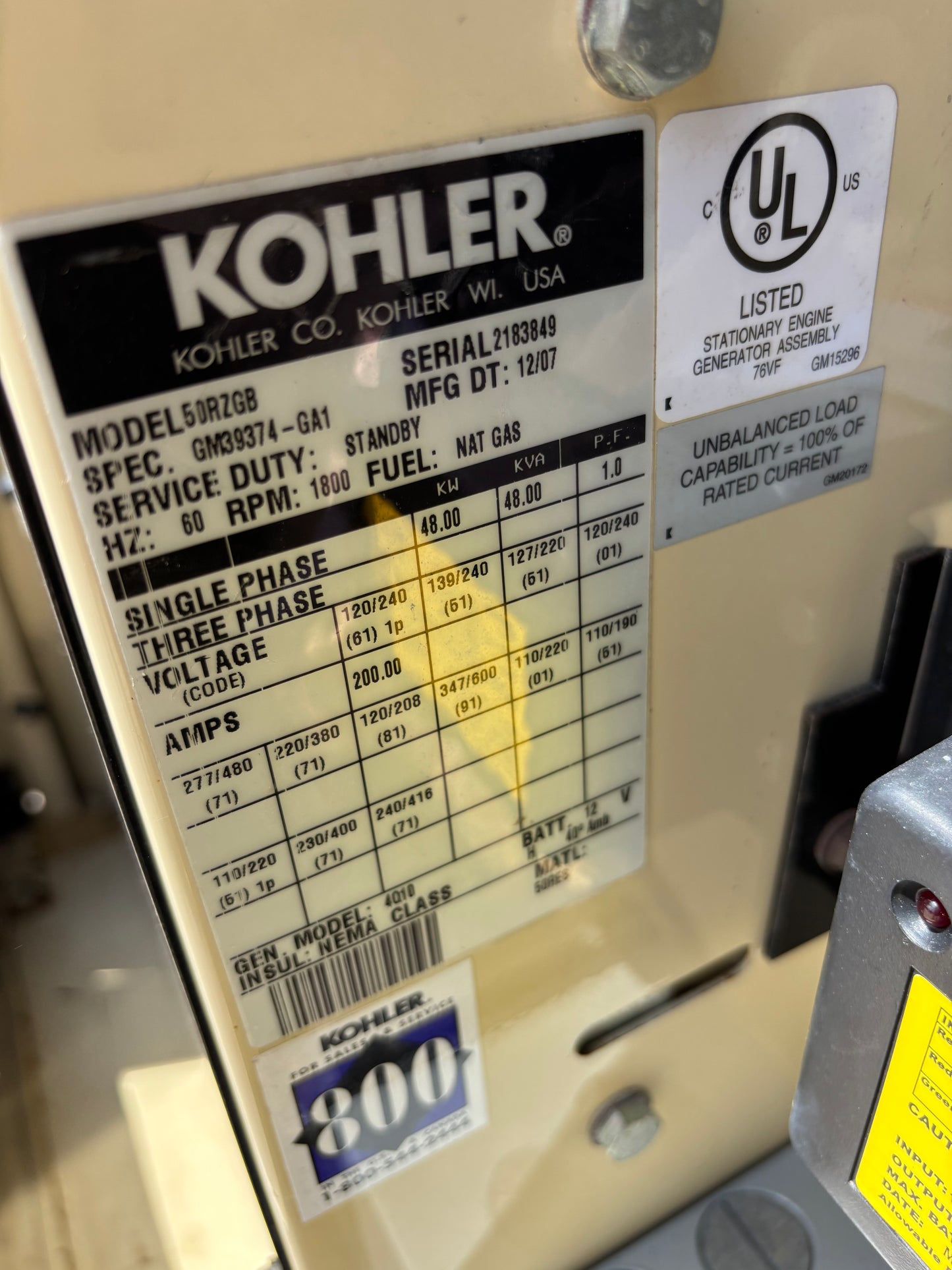 Kohler 48kw Generator Natural Gas/Propane 248 Hours